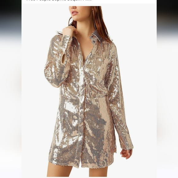 Free People Sophie Sequin Mini Shirt Dress Champagne Gold New Boho Festival Y2K - Picture 2 of 16